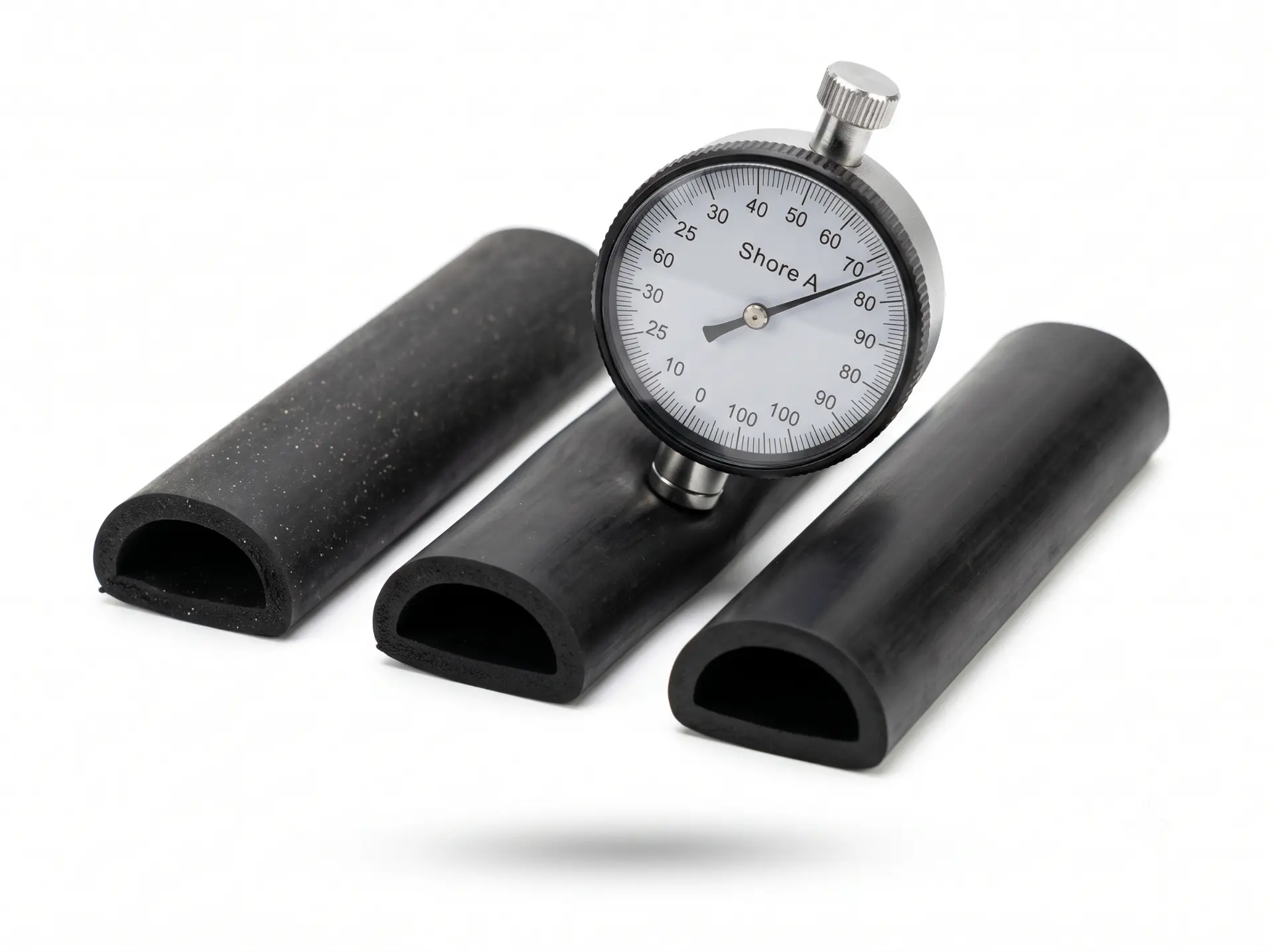 Shore A durometer resting on three rubber profiles of different hardness grades