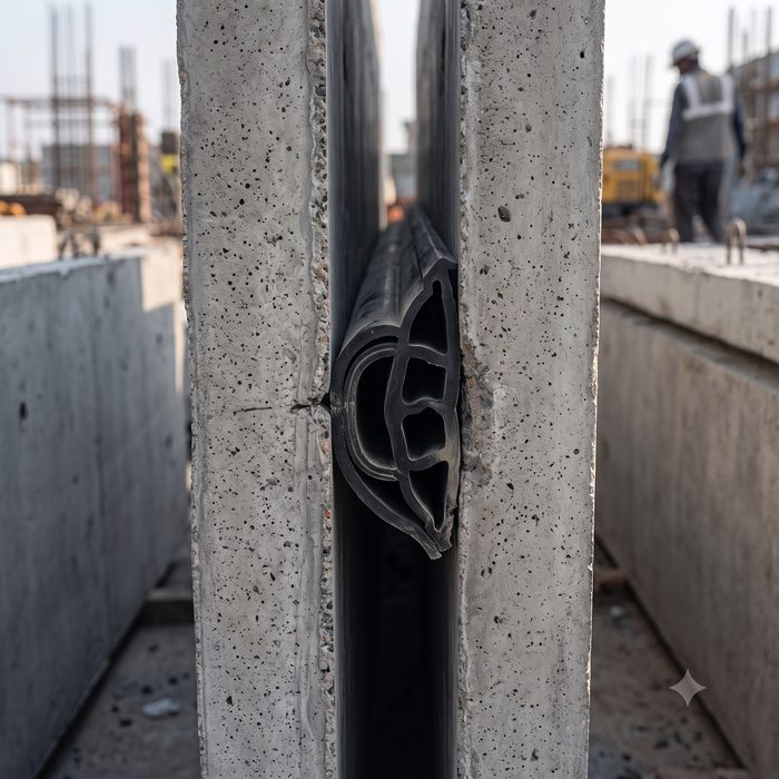 Rubber expansion joint seal between concrete structural elements