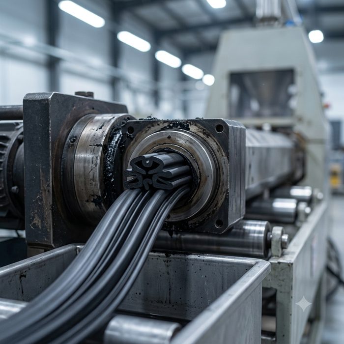 Rubber extrusion line running profiles through tooling in a factory