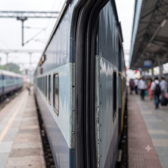 Rubber door seal on a passenger railway coach at a platform