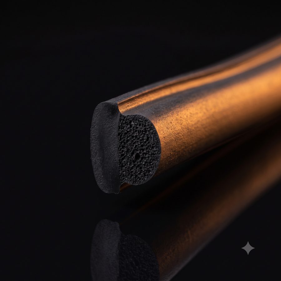 Cut end of a co-extruded profile showing sponge and solid rubber in one section