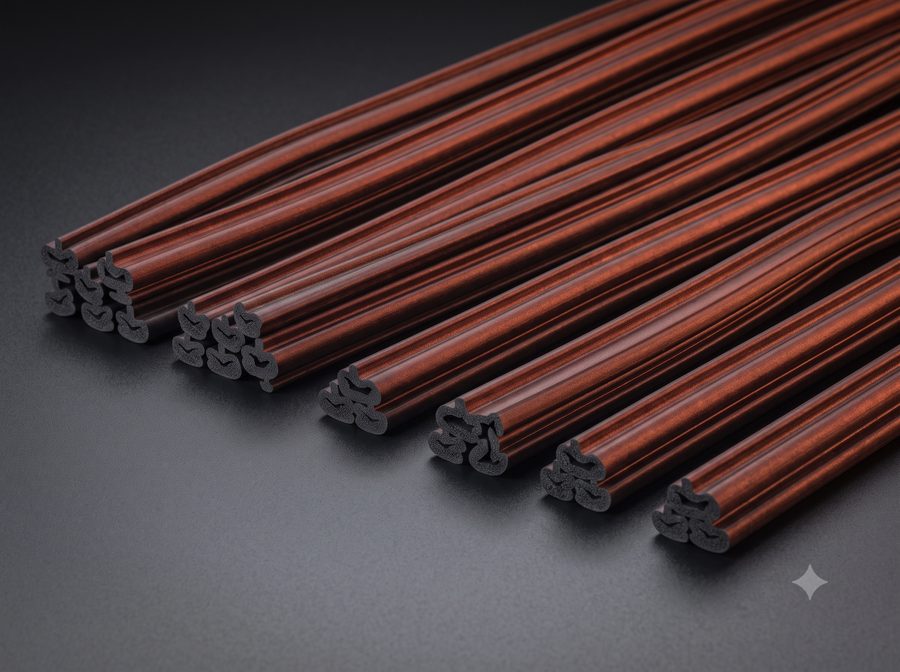 Stack of red fire-retardant rubber extrusion profiles