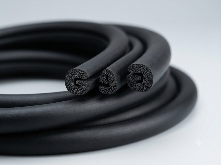 Black industrial rubber cords and profile sections coiled together