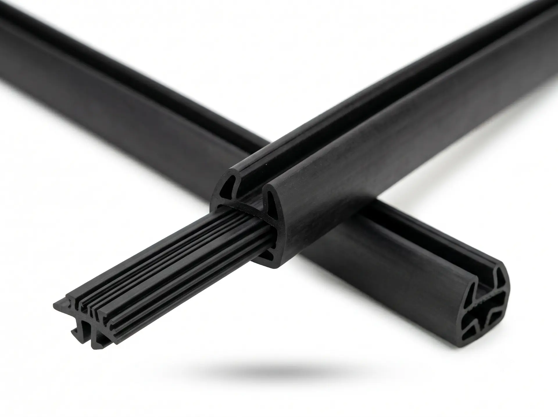 Cut lengths of black EPDM railing gasket profile showing multi-cavity section