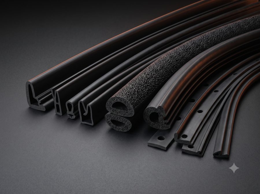 Assorted extruded rubber profile sections in U, P and D shapes