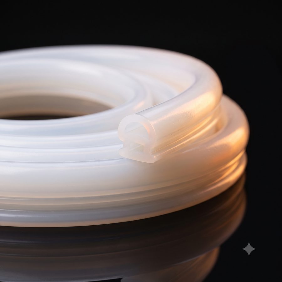 Coil of translucent white silicone rubber tubing