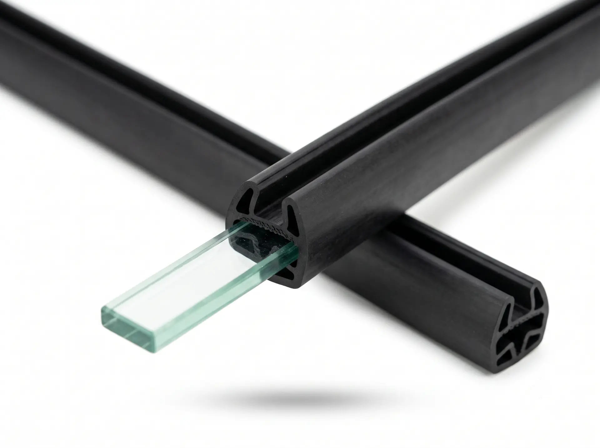 Black glazing railing rubber profile fitted onto the edge of a glass pane