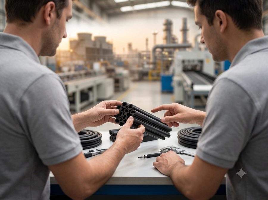 Two engineers reviewing a rubber profile sample together at a workbench