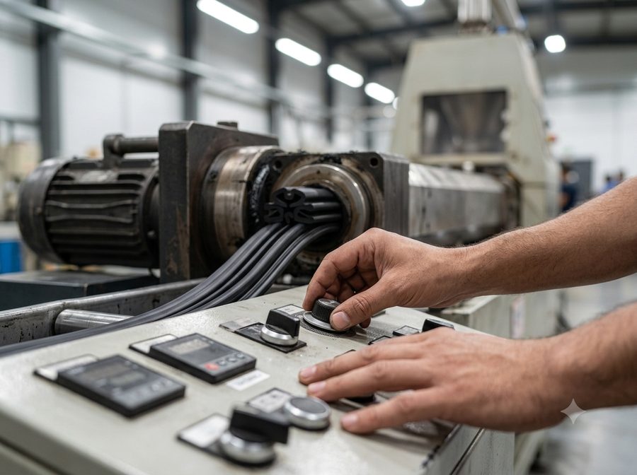 Operator running extruded rubber profile through the tooling on a production line